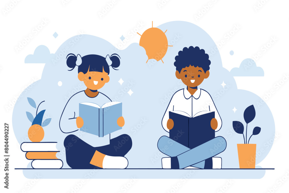 Cartoon kids sit cross-legged, immersed in books under a stylized sun