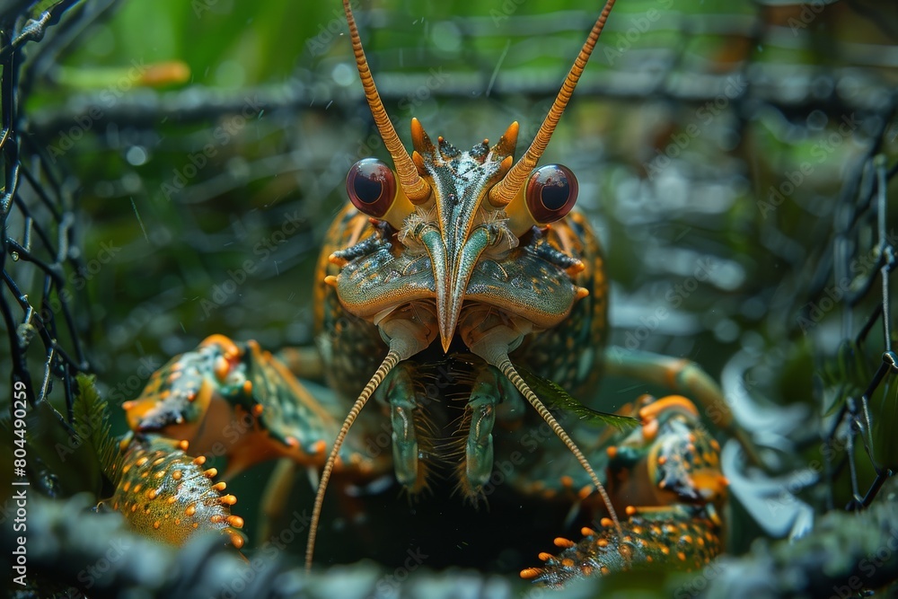 A vibrant, detailed shot of a lobster in a trap, emphasizing its elaborate features A vibrant, detailed shot of a lobster in a trap, emphasizing its elaborate features