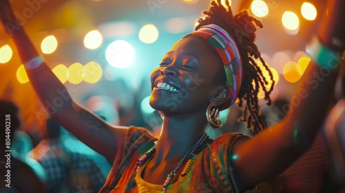 A young African woman is dancing at a party. She is smiling and has her arms in the air. She is wearing a colorful dress and has a scarf wrapped around her head. The background is blurred and there ar photo