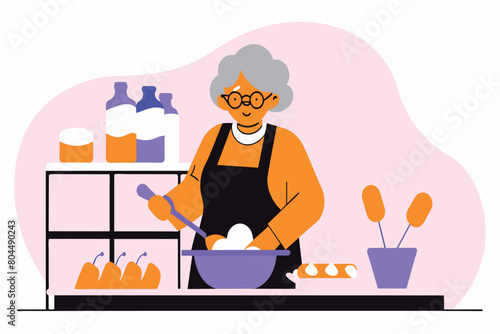 Senior lady preparing dough with kitchen shelves and bread loaves nearby