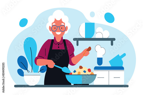 Cheerful grandma preparing food in a colorful kitchen