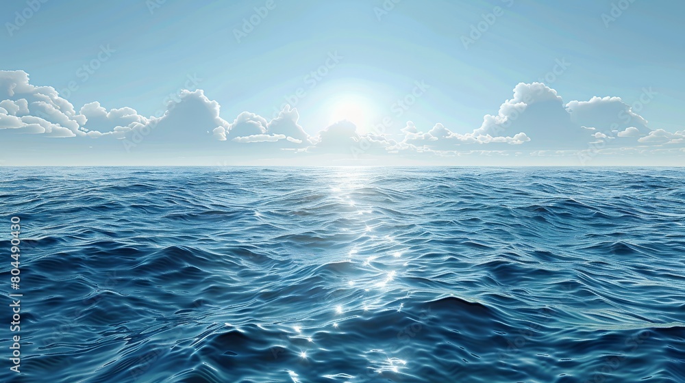 Fototapeta premium The image shows a beautiful seascape with a bright shining sun and gentle waves on the water.