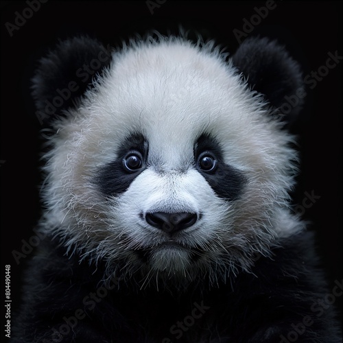 cute baby panda  sitting on black background  cute expression  hyper realistic photography