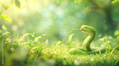 A delightful illustration of a snake meditating upright in a quiet meadow, surrounded by soft grass and a tranquil atmosphere, copy space  generative ai images