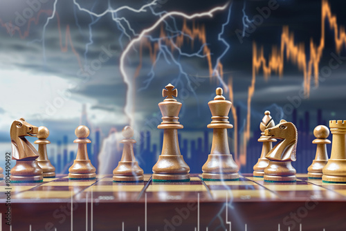 A chessboard with a stock graph background reflects the stormy nature of finance, each thunderclap mirroring market upheavals, super realistic