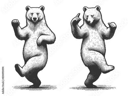 Dancing standing bear pointing with its paw sketch engraving generative ai fictional character vector illustration. Scratch board imitation. Black and white image.