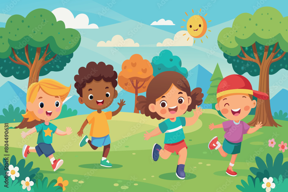 Four happy kids run and play in a colorful outdoor setting Four happy kids run and play in a colorful outdoor setting