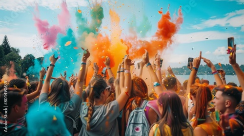 A lively scene where a group of people joyously throw colored powder at each other, creating a vibrant and festive atmosphere. photo