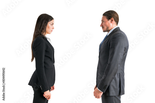 Foto Two professionals in suits standing face to face on a white background, depictin