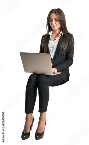 A professional woman holding a laptop, dressed in business attire, on a white background, concept of business technology