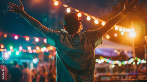 Euphoric young man raising his arms in the air at a music festival at night.