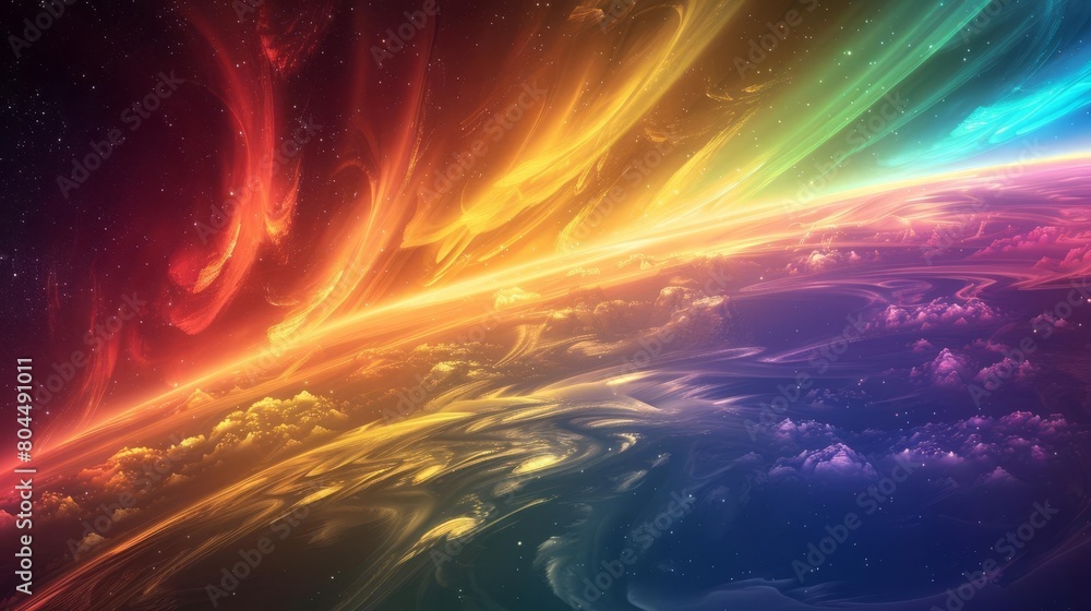 A vibrant, rainbowcolored planet viewed from space, showing swirling multicolored clouds and a luminous atmosphere A vibrant, rainbowcolored planet viewed from space, showing swirling multicolored clouds and a luminous atmosphere