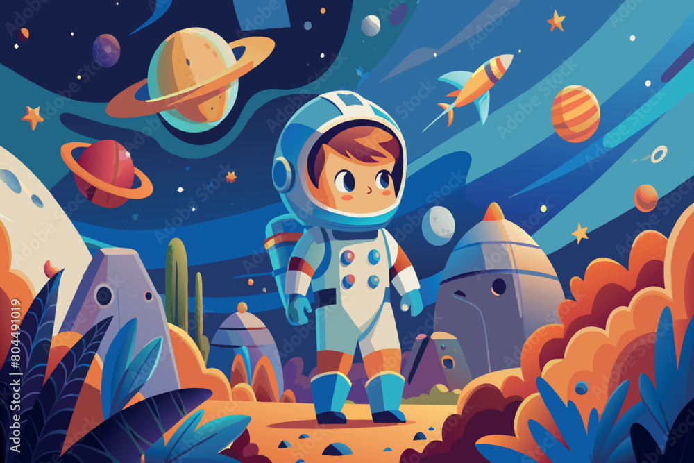 Naklejka premium A cartoon astronaut stands on a vibrant extraterrestrial landscape