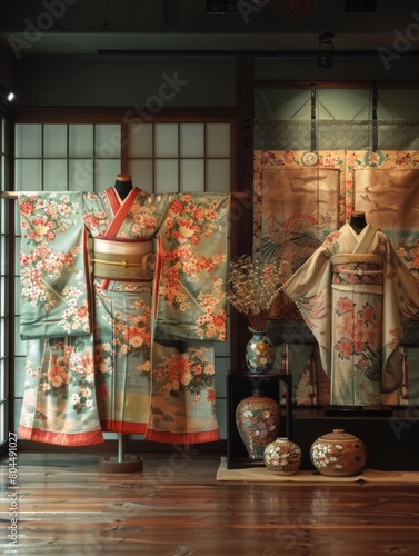 Fashionable arrangement of minimalist Japanese kimonos in a well-lit studio.