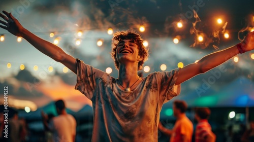 Ecstatic young man raising his arms in joy and freedom at a music festival.