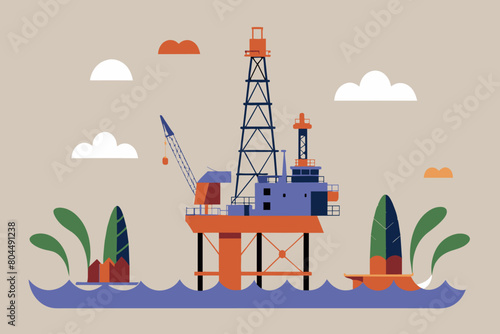 An illustrated offshore drilling platform with a pastel background