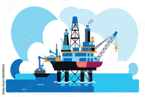 An oil rig and supply ship at sea under blue skies