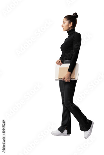 A woman holding a notebook stands sideways on a white background, suggesting a theme of professionalism or education