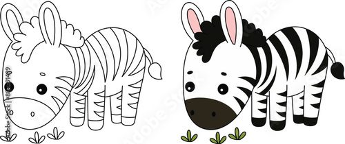 Cute kawaii zebra is grazing cartoon character coloring page vector illustration.