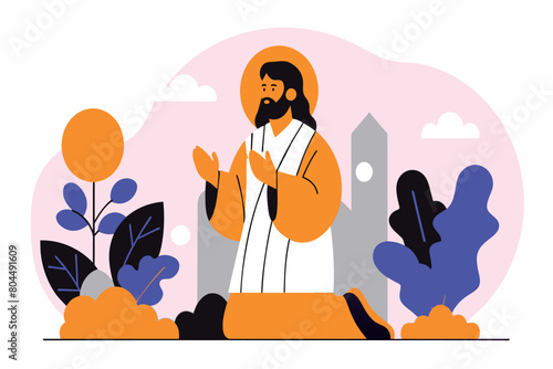 Illustrated figure giving a sermon with stylized nature and city backdrop