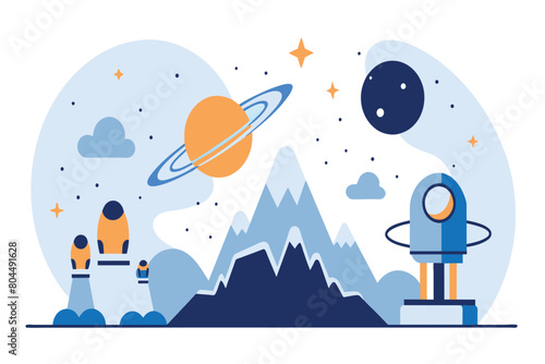 An observatory and telescopes on a mountain under a celestial sky