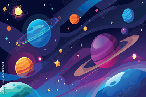 A whimsical cartoon of a starry galaxy with colorful planets