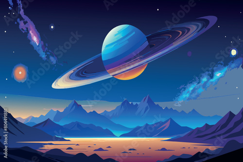 A massive ringed planet rising over an alien mountainous horizon