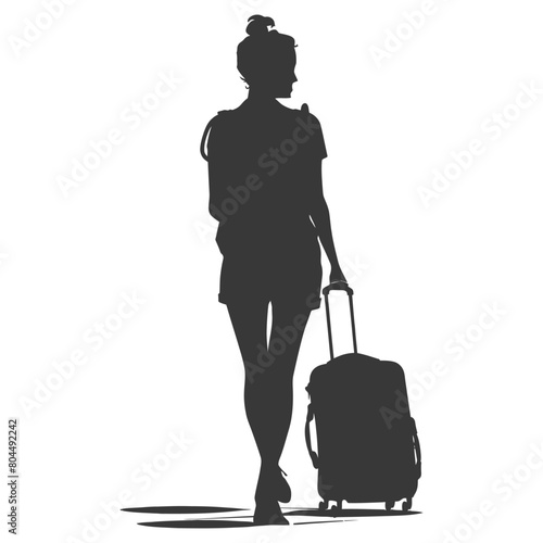 silhouette girl traveling with suitcase silhouette full body black color only