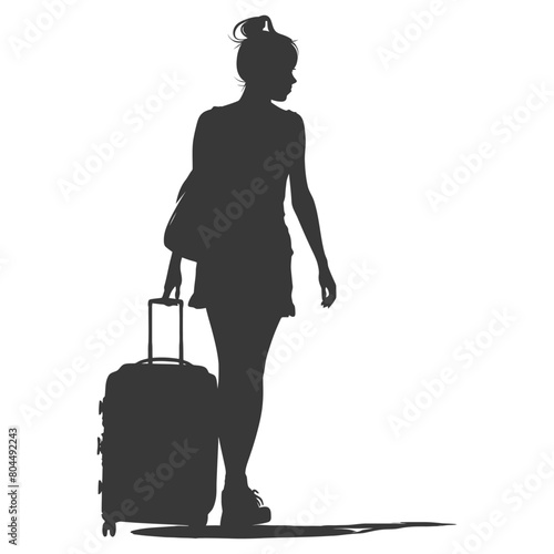 silhouette girl traveling with suitcase silhouette full body black color only