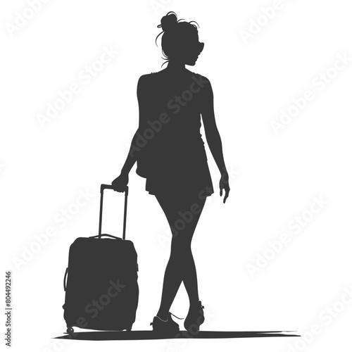 silhouette girl traveling with suitcase silhouette full body black color only