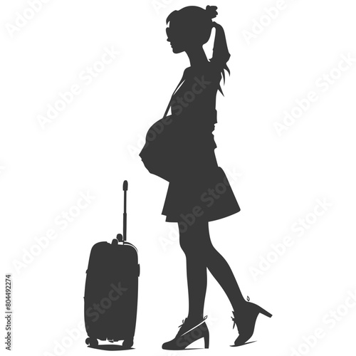 silhouette girl traveling with suitcase silhouette full body black color only