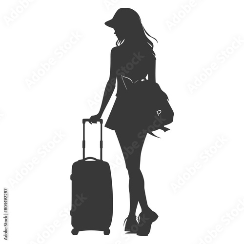 silhouette girl traveling with suitcase silhouette full body black color only