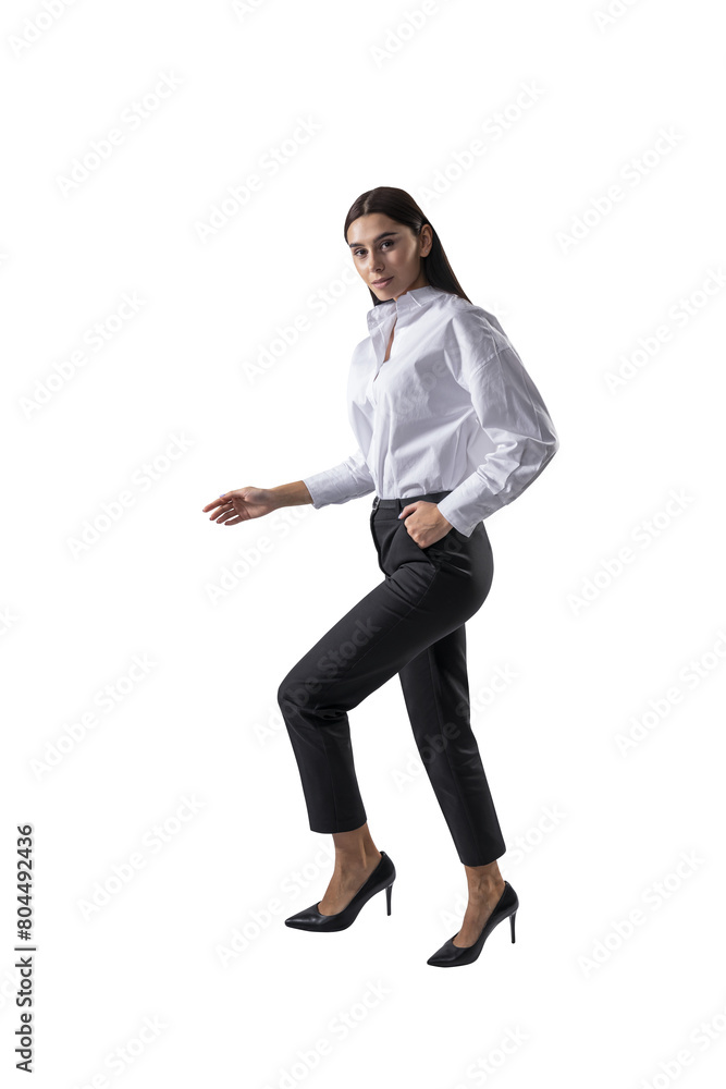 A woman poses in professional attire, a white shirt and black pants, against a white background, ideal for corporate designs A woman poses in professional attire, a white shirt and black pants, against a white background, ideal for corporate designs