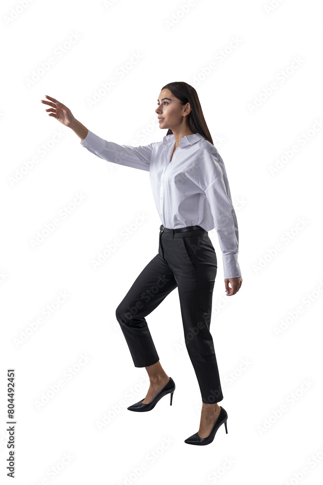 A woman in business attire walking on white background, displayed in a realistic style, exemplifying a professional concept A woman in business attire walking on white background, displayed in a realistic style, exemplifying a professional concept