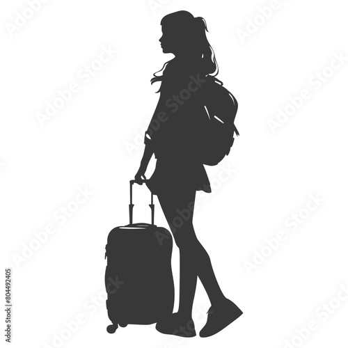 silhouette girl traveling with suitcase silhouette full body black color only