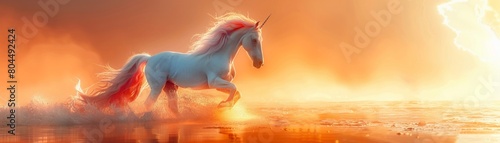 White horses run wildly in the daytime with flowing manes against the fiery sunset. photo