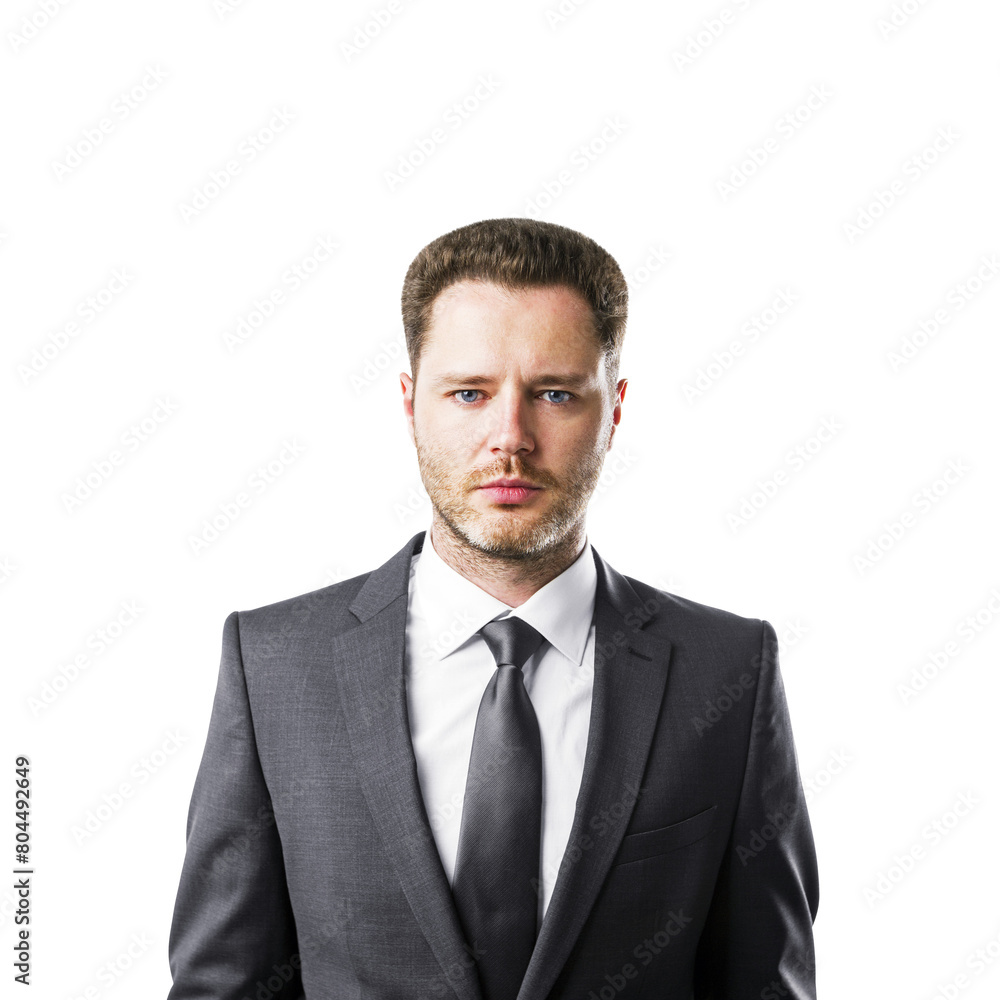 A professional businessman in a gray suit poses against a white background, conveying a corporate concept A professional businessman in a gray suit poses against a white background, conveying a corporate concept