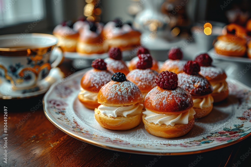 Delicious homemade doughnuts topped with raspberries and redcurrant on an elegant plate, set against a tea cup Delicious homemade doughnuts topped with raspberries and redcurrant on an elegant plate, set against a tea cup