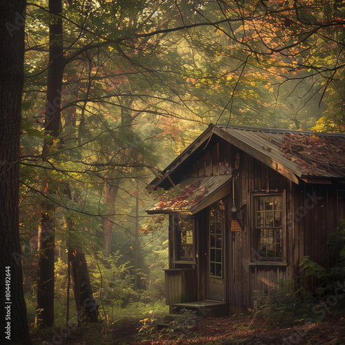 Secluded Rustic Cabin in Woodland at Dawn