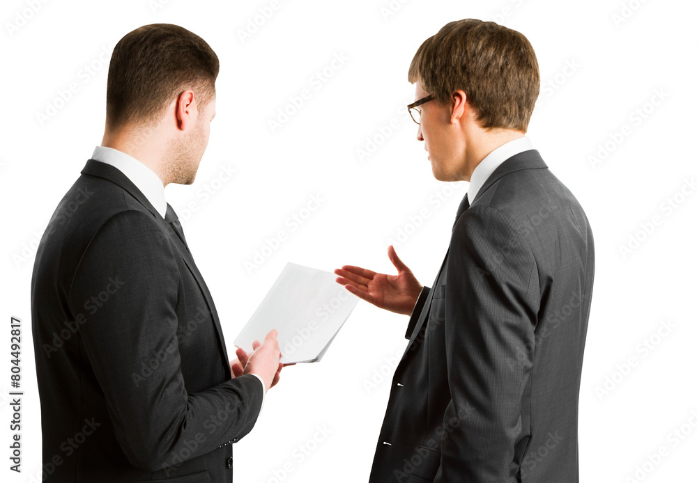 Two businessmen in a discussion, one holding a document, against a white background, illustrating corporate communication