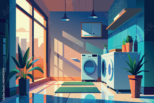 Warm sunset light fills a cozy laundry room with plants and appliances