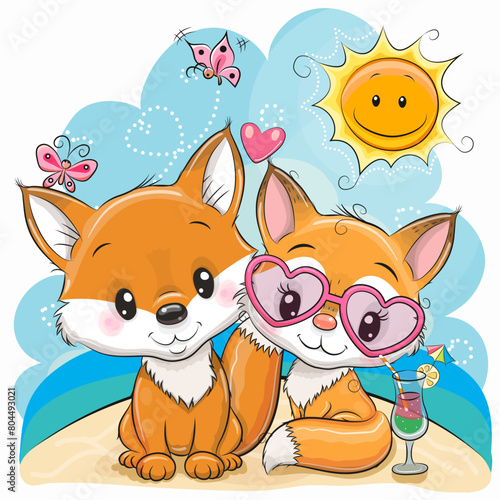 Two Cute Cartoon Foxes on the beach