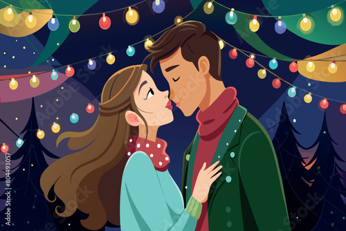 Animated couple shares a kiss surrounded by colorful lights and night sky