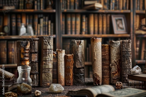 A library of ancient books. The books are made of leather and have gold leaf accents. The library is dimly lit and has a mysterious atmosphere.