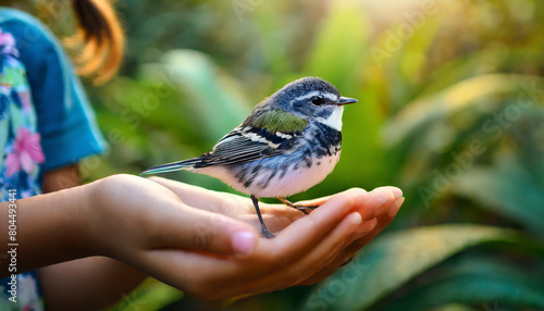 small girl delicately holds a bird in her cupped hands, conveying care and gentleness