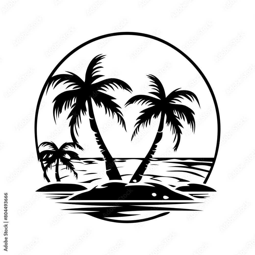 Coconut trees on an island by the sea black and white background vector illustration