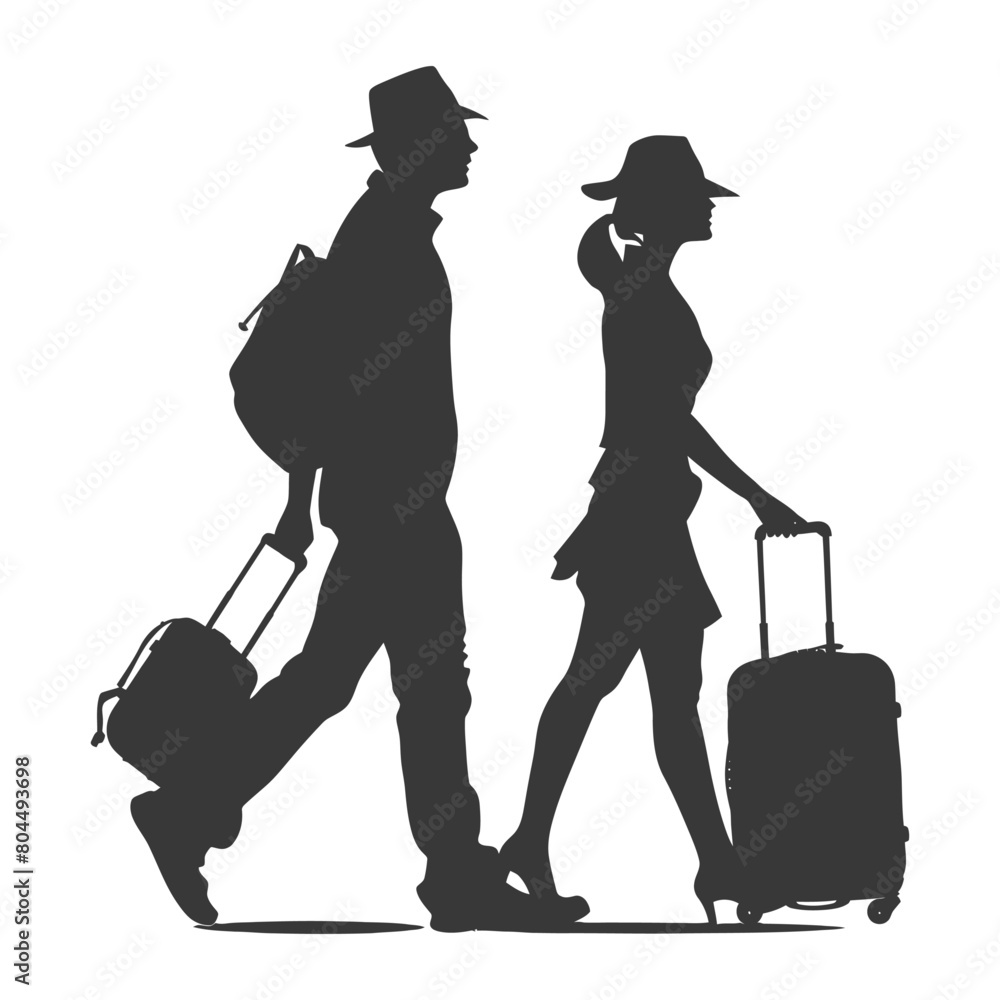 silhouette man and woman traveling with suitcase black color only
