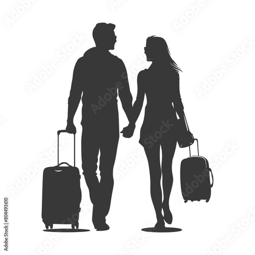 silhouette man and woman traveling with suitcase black color only
