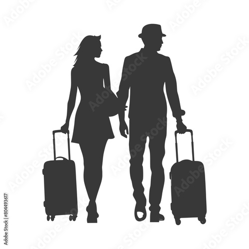 silhouette man and woman traveling with suitcase black color only
