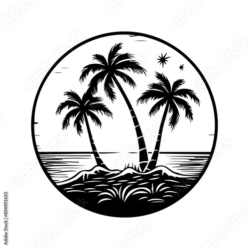 Coconut trees on an island by the sea black and white background vector illustration